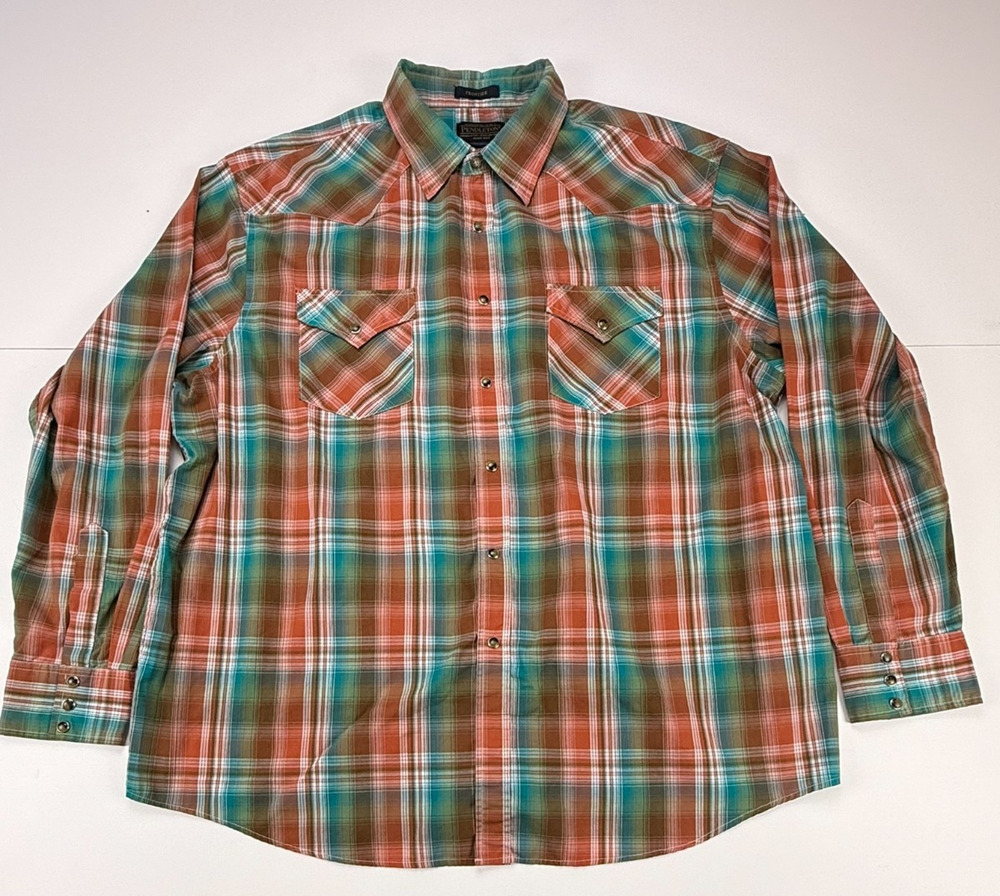 Pendleton Frontier Mens XXL Plaid Pearl Snap Western Shirt Orange Teal 2XL